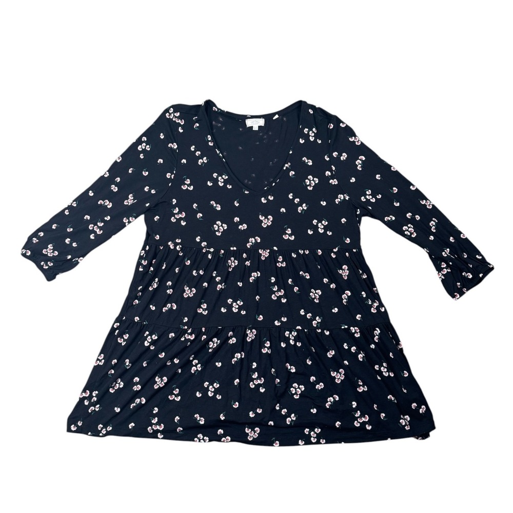 Fat Face Margot Floating Bloom Black Floral Tiered 3/4 Sleeve Blouse Top US 12